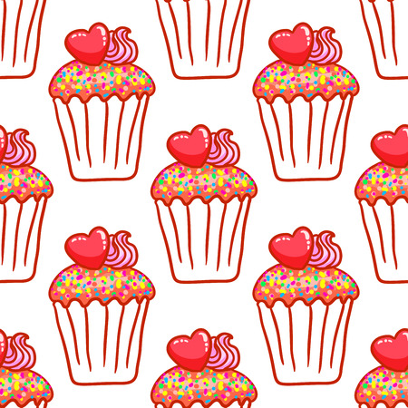 February 14, Valentines Day Breakfast seamless pattern. Chocolate cupcake with confetti and heart on topのイラスト素材