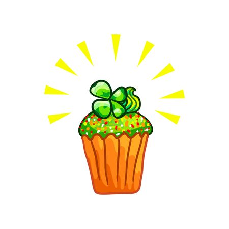 Green cupcake and four leaf clover sprig on top, sketchy illustration. Happy St Patricks Day. Vector design element, hand drawn cake clipart isolated on white, colors of Irish national flagのイラスト素材