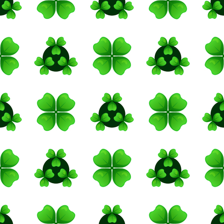 Green clover sprigs with four leaves and three-leafed shamrock. Plants against dark circles. St Patricks Day geometry seamless pattern. Vector tileable design element.のイラスト素材