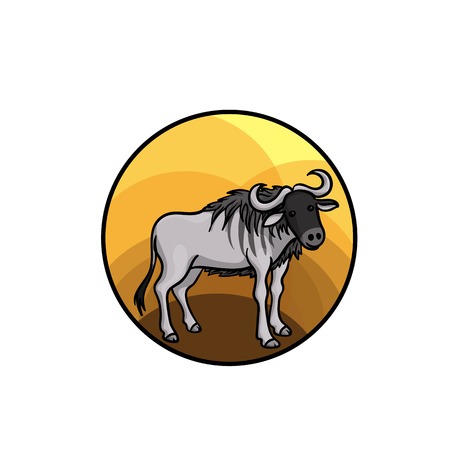 Animal art, cute cartoon style, hand drawn vector illustration. Wildebeest or gnu antelope, lives in African savannah. Cartoon styleのイラスト素材