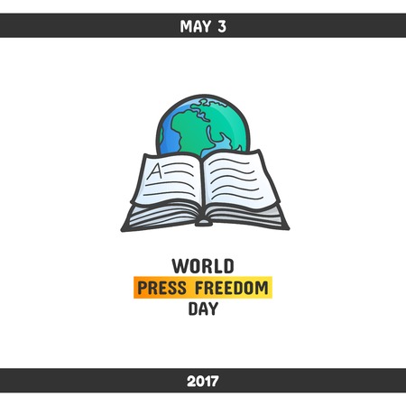 World press freedom day, May 3. Vector hand drawn illustration. Opened book and Earth globe.のイラスト素材