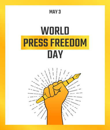 World press freedom day, May 3. Vector hand drawn illustration. Journalist's raised hand holding fountain pen, symbol of profession. Poster design. Black, gold and white colorsのイラスト素材