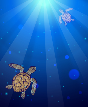 Underwater sea scene with two marine turtles and sun light shining through water surface. Ocean water backgroundのイラスト素材