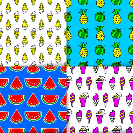 Bright summer seamless patterns, neon colors. Tasty fresh desserts, vector design elements. Ice...