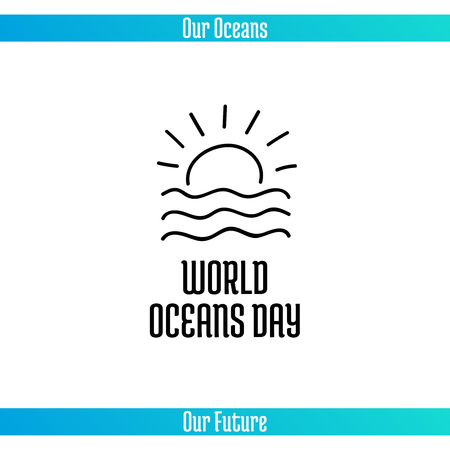 World Oceans Day, June 8. Promoting card with hand drawn doodle, vector line illustration. Sunset or sunrise over the sea waves on a white background with textのイラスト素材