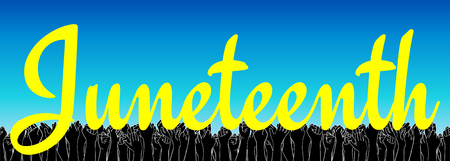 Juneteenth, African-American Independence Day, June 19. Day of freedom and emancipation. Yellow text on a sky-blue background, extra wide banner with raised people hand on backgroundのイラスト素材