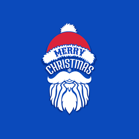 Merry Christmas, December 25, vector design element. Red Santa Claus Hat with text of greetings and white beard with a mustache on blue background.のイラスト素材