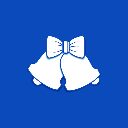Merry Christmas, December 25, vector design element. Two Christmas bells with bow decoration, white object on blue backgroundのイラスト素材