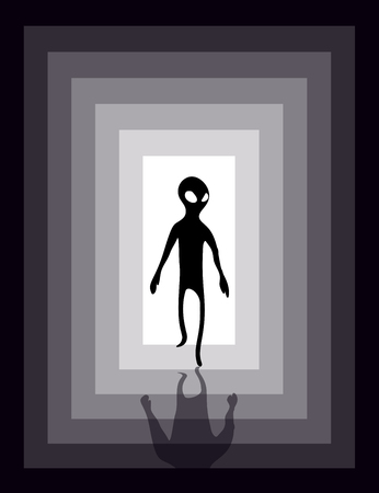 Alien humanoid and a light in the end of a tunnel. Vector illustration, image of extraterrestrial intelligence.のイラスト素材