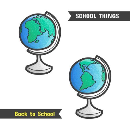 Back to School Supplies, hand drawn icon, isolated on white, cartoon style. Geography symbol, a globe with western and eastern hemispheresの写真素材