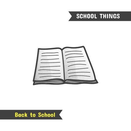 Back to School Supplies, hand drawn icon, isolated on white, cartoon style. Open ruled notebookの写真素材