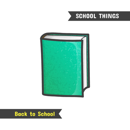 Back to School Supplies, hand drawn book icon, isolated on white, cartoon style. Textbook with green coverの写真素材