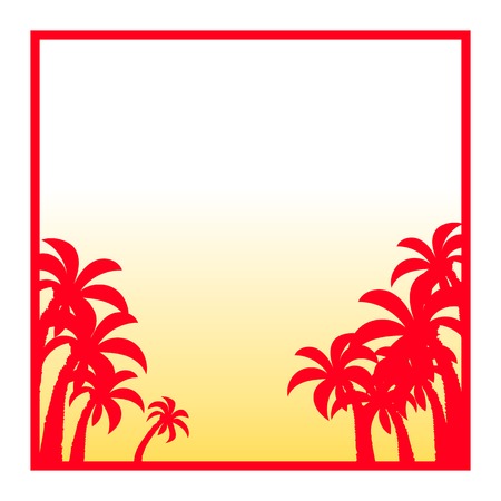 Palm tree silhouette banner, red yellow and white color, vector frame. Dawn on a beachのイラスト素材