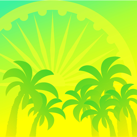 Ashoka wheel and palm trees vector design element, square green background. Dawn in India, the wheel symbolizes the Sunのイラスト素材