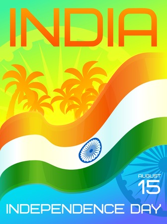 India Independence Day national holiday, 15 August. Greeting card vector template with Ashoka wheel, hoisted national flag of India and palm treesのイラスト素材