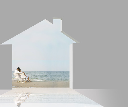 Indoor house through which you see a married couple sitting in front on the sea - 3d illustratorの写真素材
