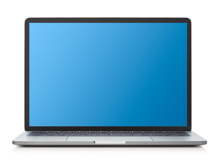 modern silver laptop with blue blank monitor isolated on white backgroundの写真素材