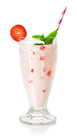 glass with strawberry yogurt isolated on white backgroundの写真素材