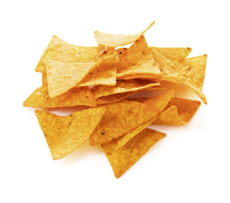 heap of traditional mexican nachos isolated on white backgroundの写真素材