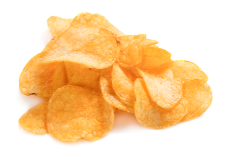 heap of potato chips isolated on white backgroundの写真素材
