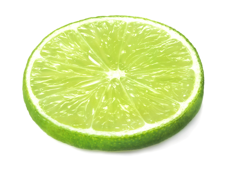 single slice of ripe green lime isolated on white backgroundの写真素材