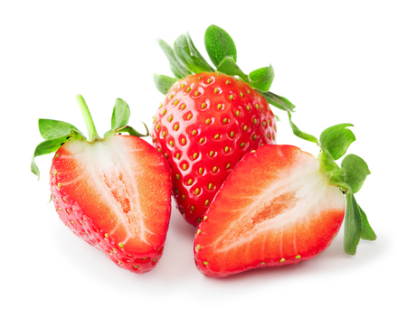 whole and cut strawberries isolated on white backgroundの写真素材