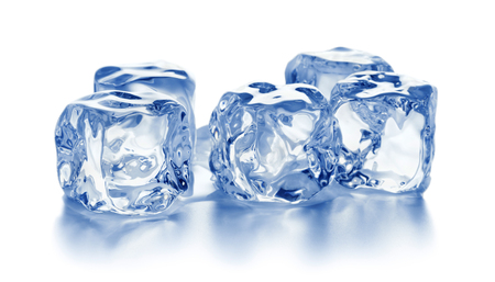 heap of blue ice cubes isolated on white backgroundの写真素材