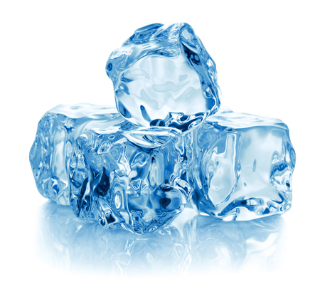 heap of blue ice cubes isolated on white backgroundの写真素材