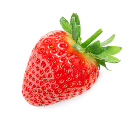 single ripe red strawberry with leaves isolated on white backgroundの写真素材