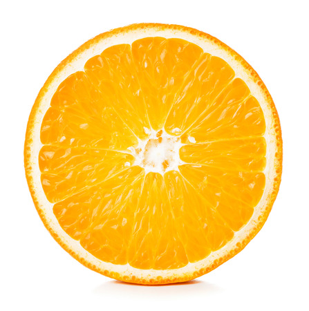 single half of orange isolated on white backgroundの写真素材