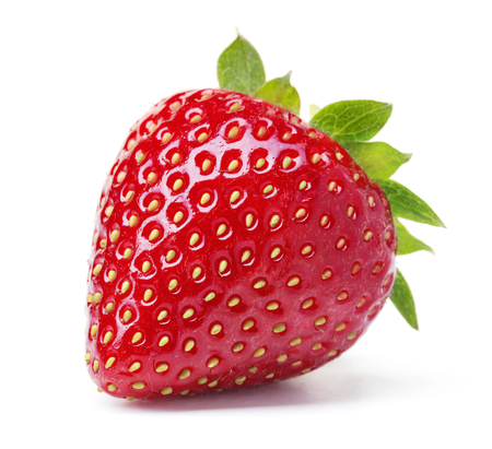 single ripe red strawberry with leaves isolated on white backgroundの写真素材
