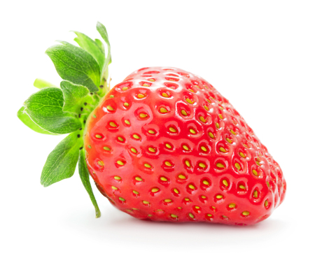 single ripe red strawberry with leaves isolated on white backgroundの写真素材