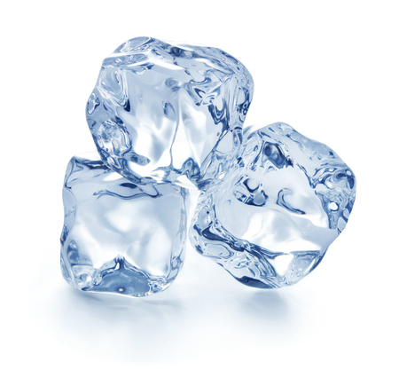 heap of blue ice cubes isolated on white backgroundの写真素材