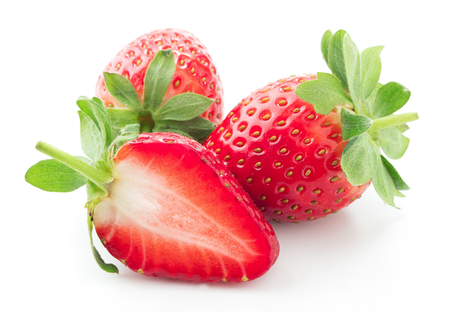 whole and cut strawberries isolated on white backgroundの写真素材