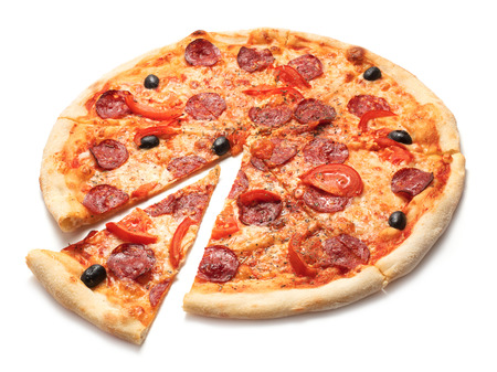 close-up view of fresh italian pizza isolated on white backgroundの写真素材