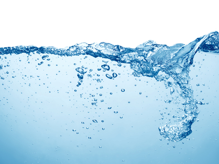 clean blue water surface with splash, ripple and air bubbles underwater on white backgroundの写真素材