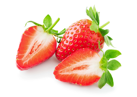 whole and cut strawberries isolated on white backgroundの写真素材
