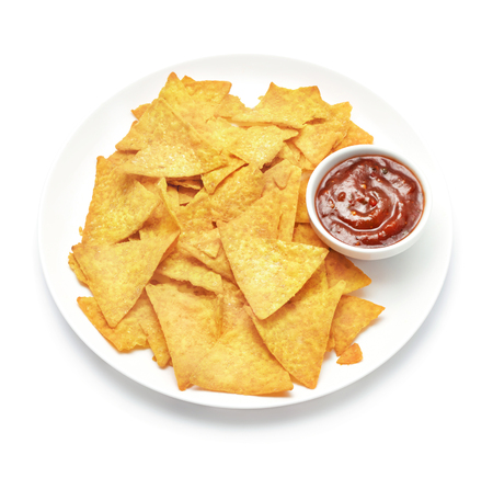heap of traditional mexican nachos isolated on white backgroundの写真素材