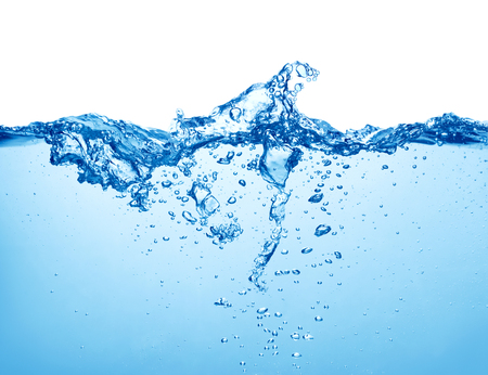 clean blue water surface with splash, ripple and air bubbles underwater on white backgroundの写真素材