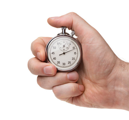 Man's hand with stopwatch isolated on white background