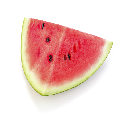 single slice of ripe red watermelon isolated on white backgroundの写真素材