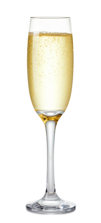 single glass of champagne with air bubbles isolated on white backgroundの写真素材