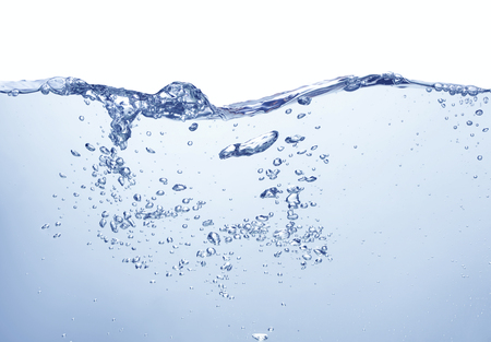 clean blue water with air bubbles and splashes on white backgroundの写真素材