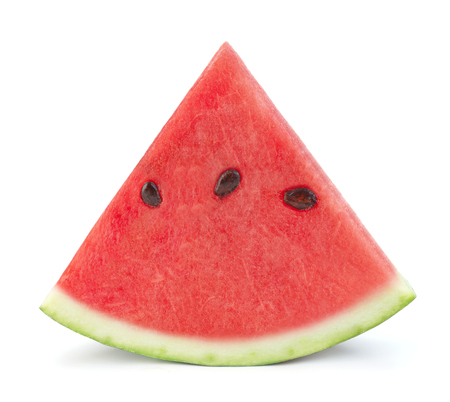 single slice of ripe red watermelon isolated on white backgroundの写真素材
