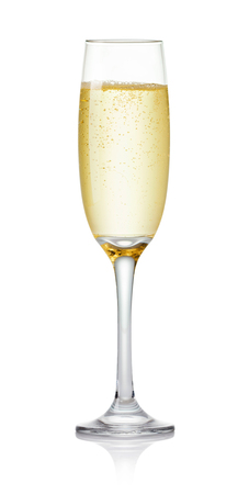 single glass of champagne with air bubbles isolated on white backgroundの写真素材