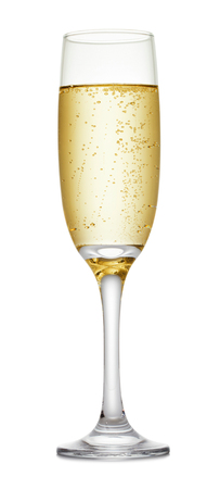 single glass of champagne with air bubbles isolated on white backgroundの写真素材