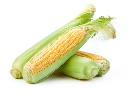close-up view of fresh ripe corn with leavesの写真素材