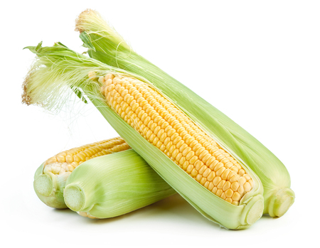 close-up view of fresh ripe corn with leavesの写真素材