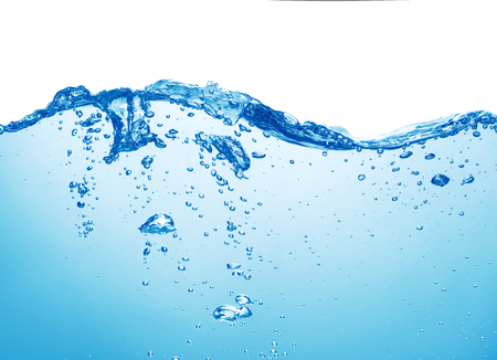 clean blue water surface with splash, ripple and air bubbles underwater on white backgroundの写真素材