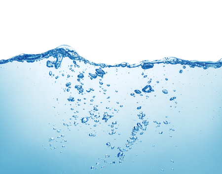 clean blue water with air bubbles and splashes on white backgroundの写真素材